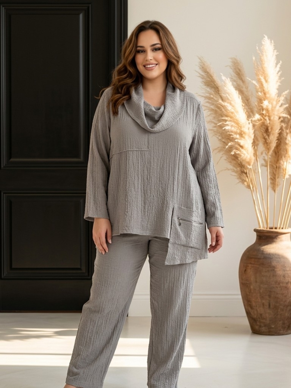 Plus Size Tan Cowl Neck Straight-Leg Top by